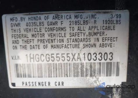 1999 Honda Accord Ex z USA, uszkodzony, nr VIN 1HGCG5555XA103303